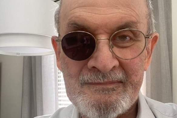 Author Salman Rushdie, six months after being stabbed.