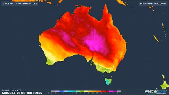A scorching mass of heat (its location on Monday shown in purple) has moved across the nation this week.