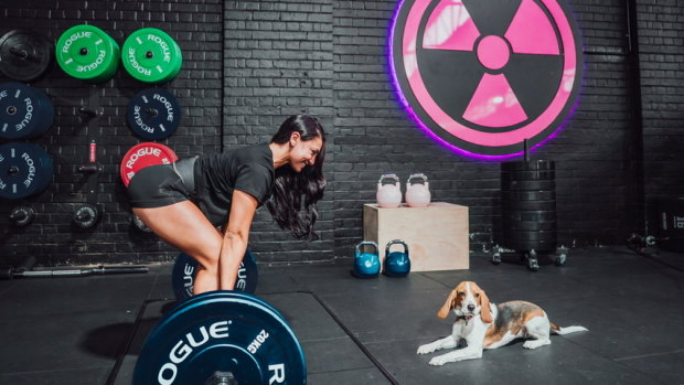 Sophie Forkgen, 32, gets her "puppy fix" working out at the newly opened dog-friendly gym.