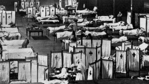 The 1918 Spanish Flu pandemic killed millions of people worldwide. Here,  patients lie quarantined at the Melbourne Exhibition Buildings.
