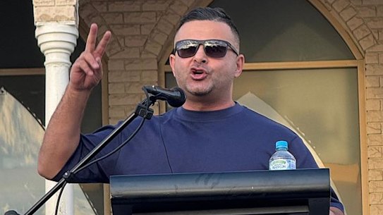 Khaled Beydoun at a rally outside Lakemba Mosque.