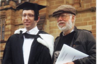 Rob Gowland and son Rohan at his graduation at Sydney University in the late 1990s.