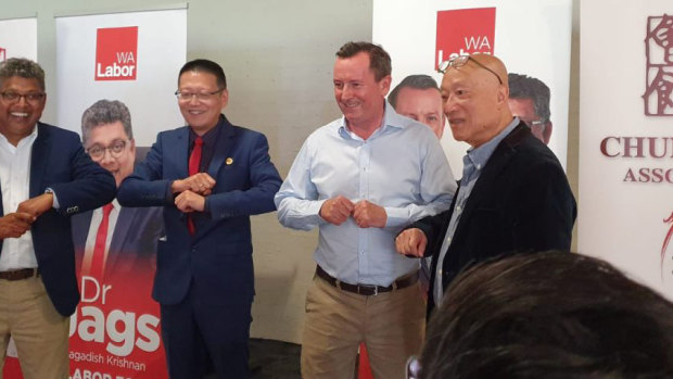 West Australian premier Mark McGowan announcing the grant to the Chung Wah Association with Ting Chen, left.