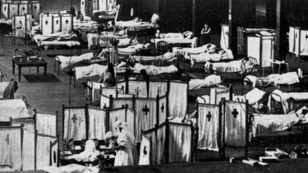 The 1918 Spanish Flu pandemic killed millions of people worldwide. Here,  patients lie quarantined at the Melbourne Exhibition Buildings.