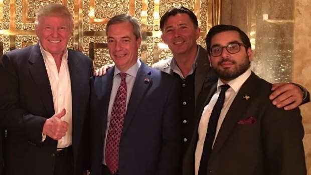 Raheem Kassam, right, in the company of US President Donald Trump and Nigel Farage.