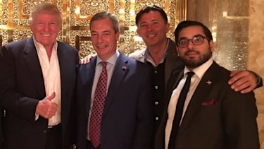 Raheem Kassam, right, in the company of US President Donald Trump and Nigel Farage.