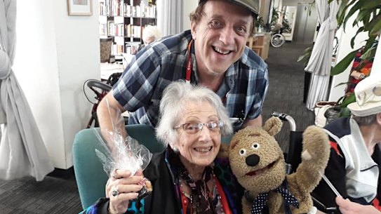 Abe Schwarz with his mum Tess at her aged care facility.
