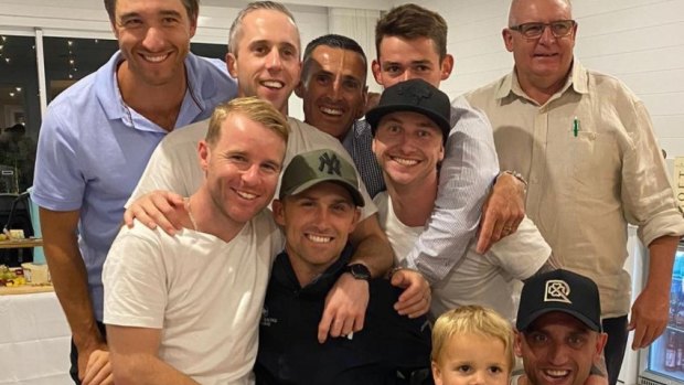 Tye Angland with his jockey friends including Tommy Berry, Brenton Avdulla, Grant Buckley, Regan Bayliss and James Innes jnr.