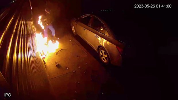 CCTV of an arson incident in Moonee Ponds on May 26, 2023, in which the offender catches alight