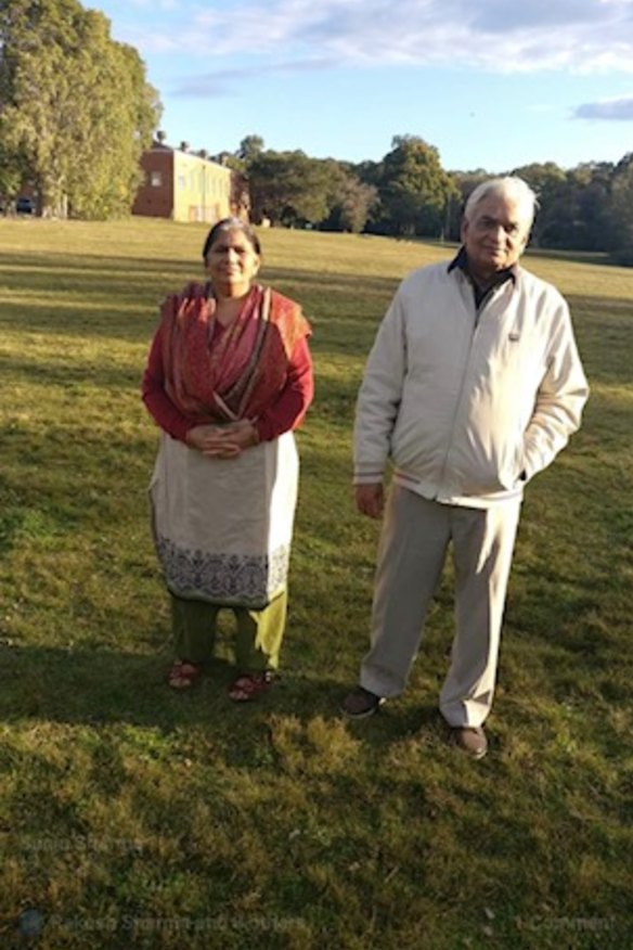 Mr Sharma’s parents, pictured on a trip to Australia, are stuck at home in India with COVID-19, unable to access hospital care.