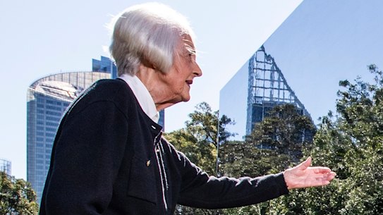 Joy Wennerbom with the Lee Urfan installation gifted by her one-time neighbours, James Brownlow and Doug Small.