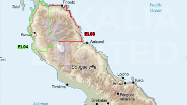 Map of Kalia Ltd's operations in Bougainville. Both the EL04 and EL03 licences have been suspended. 
