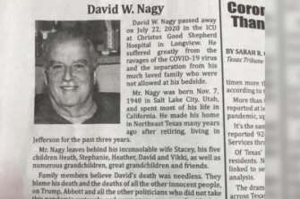 The obituary for David W. Nagy in Texas blames Donald Trump's response to the pandemic for his death.