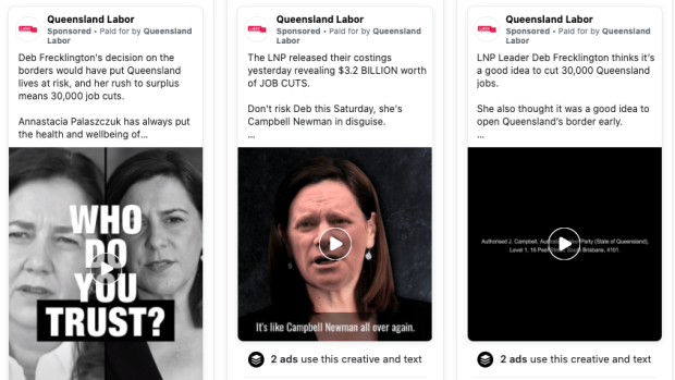 Facebook Ad Library view of a selection of advertisements run by Queensland Labor during the final days of the 2020 state election campaign.