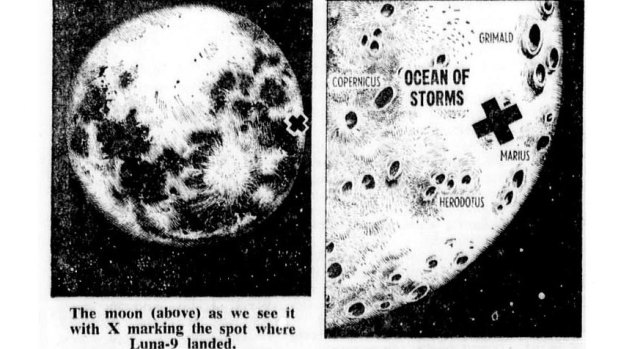 Graphic of Lunar-9 landing from front page of Sydney Morning Herald on February 5, 1966