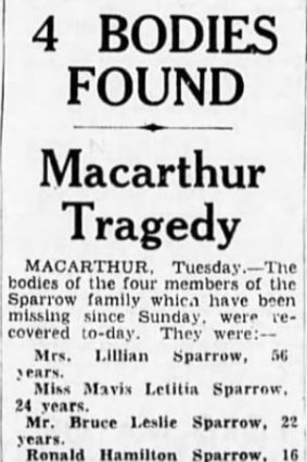 <i>The Age</i> report on the deaths of four members of the Sparrow family.