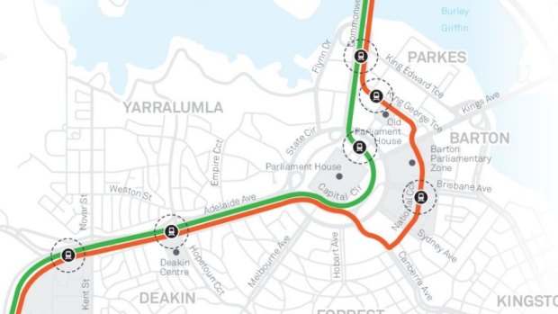 The two routes put out for public consultation earlier this year. The red route was the government's preferred option but a federal parliamentary committee found it would be more difficult to get approval for this option as it deviated from the National Capital Plan. 