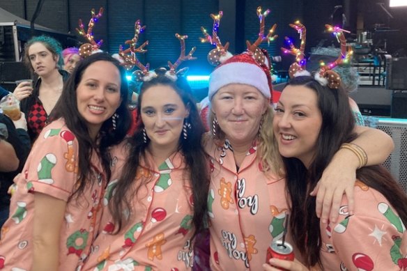 (From left) superfans Emma, Ashlee, Karlee and Kristal came dressed in matching Christmas pyjamas.