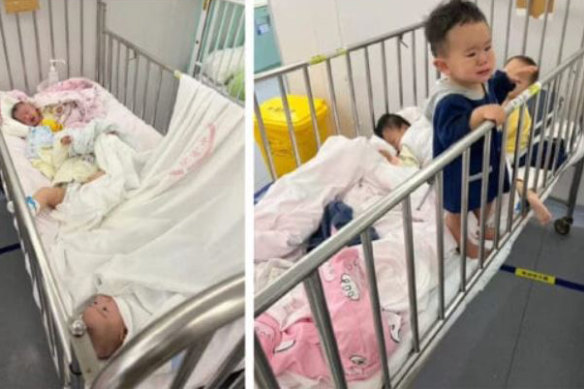 These widely shared images appear to show Chinese children and babies who were separated from their parents in a COVID quarantine site in Shanghai.