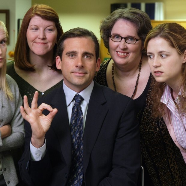 The US version of The Office, starring (from left) Angela Kinsey as Angela, Kate Flannery as Meredith, Steve Carell as Michael Scott, Phyllis Smith as Phyllis and Jenna Fischer as Pam Beesley, is still a classic.