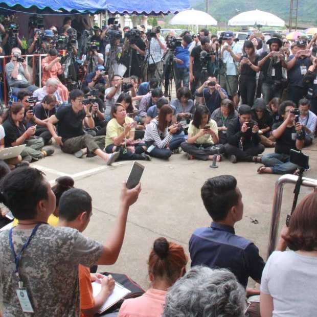 The media pack at the Thai cave press centre. 