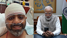 Captain Smit Machchhar, the 38-year-old Indian pilot who fought off a cockpit attack on the FlyDubai flight, speaks to Indian Prime Minister Narendra Modi on a video call from hospital.