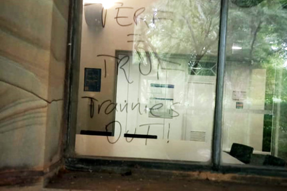 Transphobic graffiti scrawled on a window at Melbourne University in February.