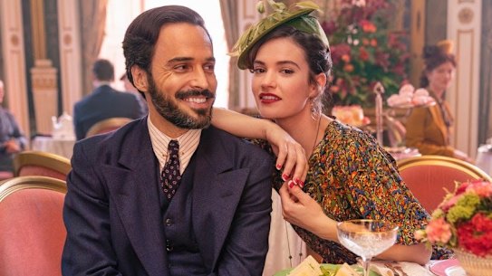 Lily James as Linda Radlett and Assaad Bouab as Fabrice De Sauveterre in The Pursuit of Love.