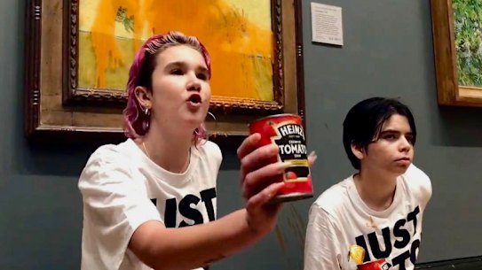 Climate change protesters threw soup over Vincent Van Gogh’s Sunflowers at London’s National Gallery on Friday, the Just Stop Oil campaign group said.