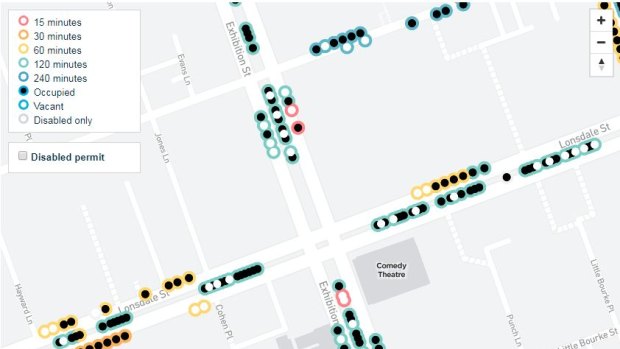 A map shows vacant car spaces at 11.20am on Monday, May 28.