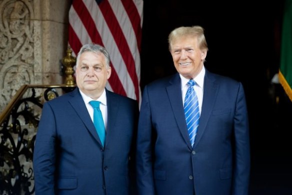 Hungary’s Viktor Orban and ex-US president Donald Trump at Mar-a-Lago on Tuesday.