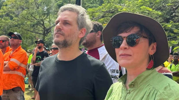 State Greens MPs Amy MacMahon (right) and Michael Berkman at a CFMEU rally in Brisbane.