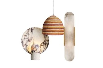 “Calacatta Viola” surface sconce; “Yuta Badayala” pendant light; “Melange” wall sconce.