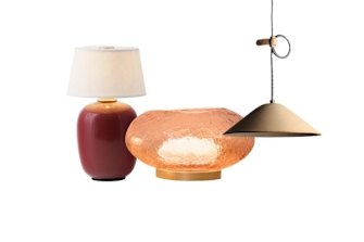 “Torso” table lamp; “Alchemy” table lamp; “Loop” pendant light.