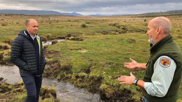 Matt Kean, NSW's new energy and environment minister (left), chose Kosciusko National Park as the first stop on his 'statewide listening tour'.