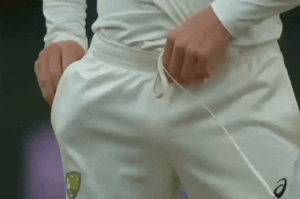 Cameron Bancroft stuffs a piece of sandpaper down his trousers in the infamous Test eight years ago.