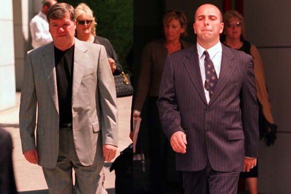 Lewis Moran and his son Jason leaving the Coroners Court on separate occasions in 2002. Both would later be murdered on the orders of  Carl Williams.