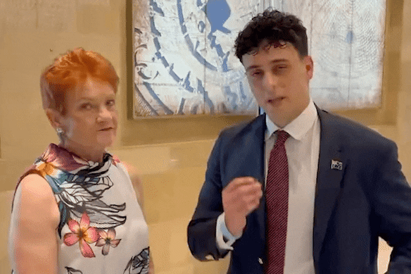 Pauline Hanson gave an interview to far-right influencer Andre Mamet last month in London.