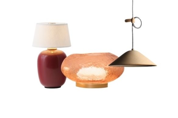 “Torso” table lamp; “Alchemy” table lamp; “Loop” pendant light.