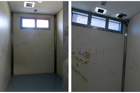 Separation rooms, where children are kept for hours – sometimes days – at a time, at West Moreton Youth Detention Centre (left) and Brisbane Youth Detention Centre (right). 