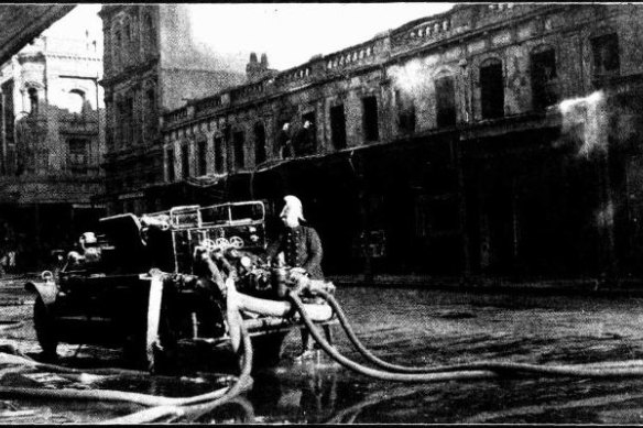 A fireman attending the Park Street fire, November 19, 1921, published in The Sydney Mail.
