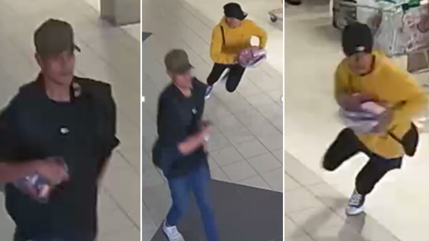 Police are hunting these teenagers who allegedly kicked a trolley at a pregnant shopper as they fled after stealing meat from a supermarket in Kelmscott. 