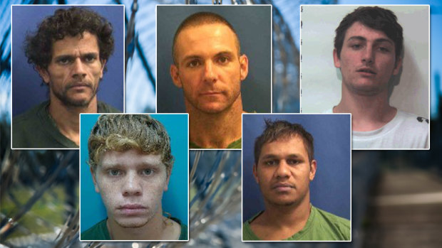 The five remaining Geraldton prison escapees, clockwise from top left: Alan McDonald, 28, Bradley Silvester, 35, Brendan Bartley, 22, Devon Comeagain, 23, Darryl Councillor, 18. Devon Comeagain was re-captured on Wednesday morning.