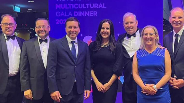 David Davis (third from right) with colleagues including Matthew Guy at the Victorian Multicultural Commission gala dinner on Saturday.