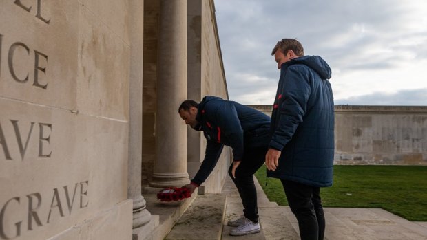 Respect: Roosters co-captains Jake Friend and Boyd Cordner at the memorial in Villers-Bretonneux. 