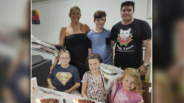 Ben Dunn, 39, his partner Shannon Mitchell, 38, and their children Mailer, 13, and Ivy-Mae, 3, are stuck in Melbourne while their 11-year-old twins, Zane and Jylah, are in Perth staying with an aunt. 