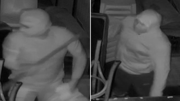 Police are searching for these men caught on CCTV setting Subiaco's Voyeur Bar alight in December. 