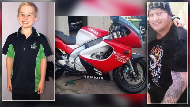 Police are urgently searching for Phoenix White, left, after he was picked up from his Harrisdale school by his father Shannon White, right. Police believe they are on a motorbike similar to the one pictured. Picture: WA Police