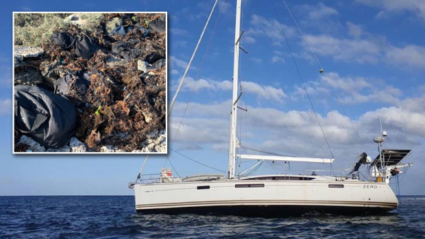 The stricken yacht which ran aground off the coast of WA in the Abrolhos Islands, and the bags of drugs police found(inset). Picture: WA Police