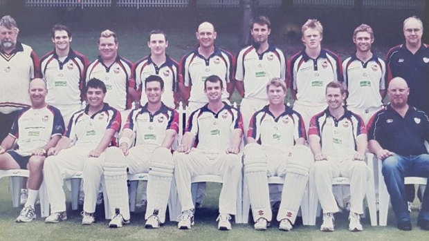 Tim Murtagh (back, fourth from right) with the Eastern Suburbs team that were joint one-day premiers in Sydney first grade in 2007-08. David Warner is seated at the front, third from right, and Steve Warner is at the back, third from left.